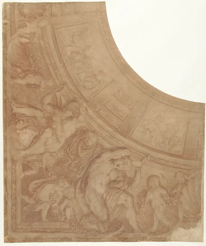Ontwerp voor een hoekstuk van een plafond met figuren, putti en buste van een man Wall Art by Mattheus Terwesten - High-Resolution Digital Print