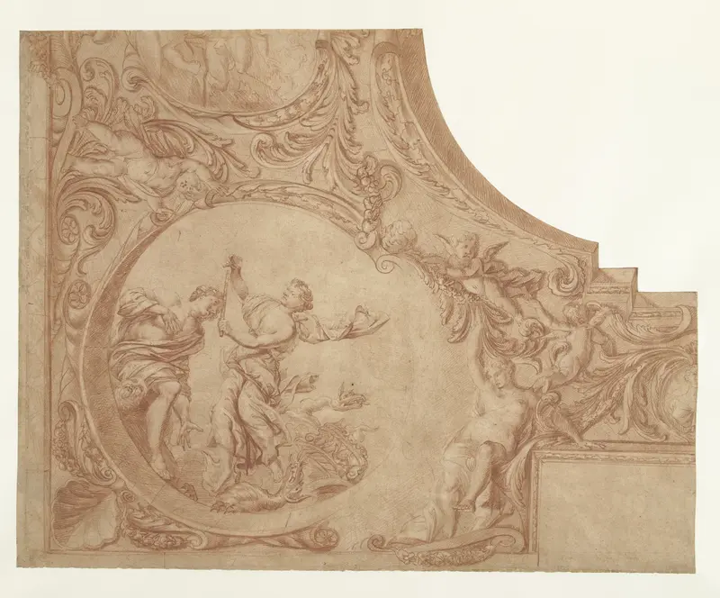 Ontwerp voor een hoekstuk van een plafond met Jason en Medea Wall Art by Mattheus Terwesten - High-Resolution Digital Print