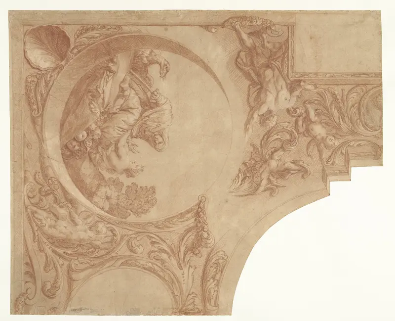 Ontwerp voor een hoekstuk van een plafond met Vertumnus en Pomona Wall Art by Mattheus Terwesten - High-Resolution Digital Print