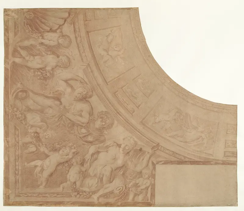 Ontwerp voor een hoekstuk van een plafond met zittende figuren, putti en buste van vrouw Wall Art by Mattheus Terwesten - High-Resolution Digital Print