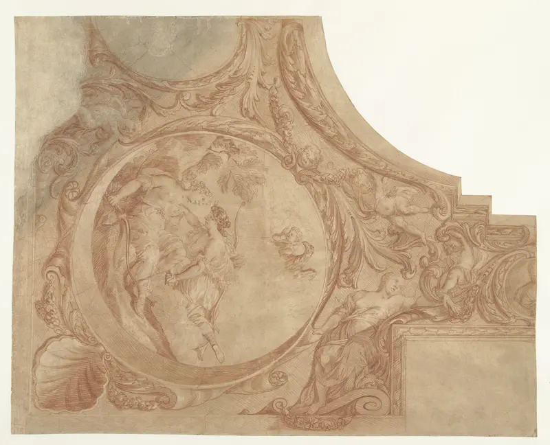Ontwerp voor een hoekstuk van plafond met Jupiter als Diana met Callisto Wall Art by Mattheus Terwesten - High-Resolution Digital Print