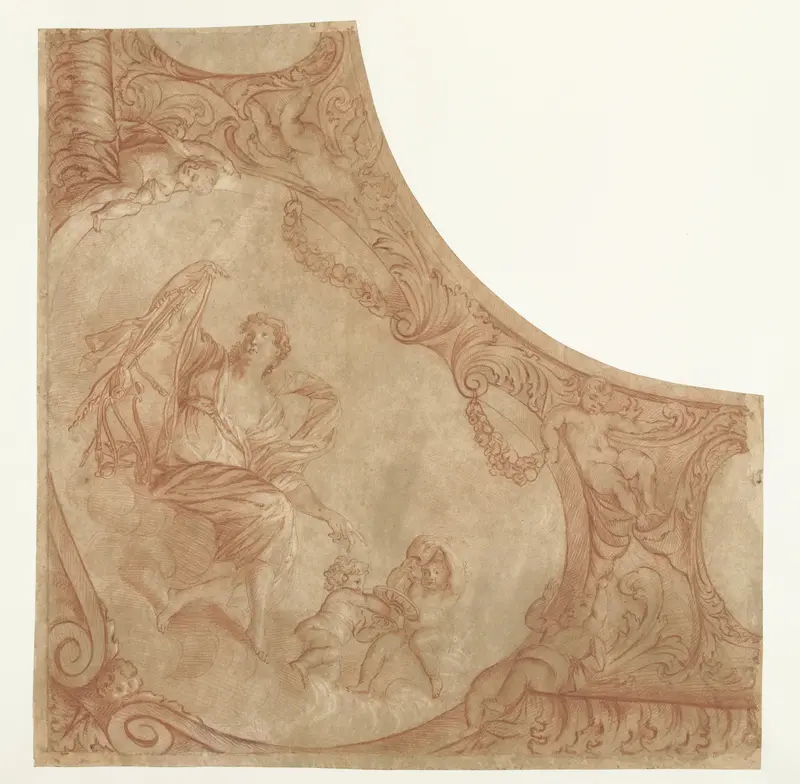 Ontwerp voor een hoekstuk van plafond met personificatie van de Matigheid Wall Art by Mattheus Terwesten - High-Resolution Digital Print