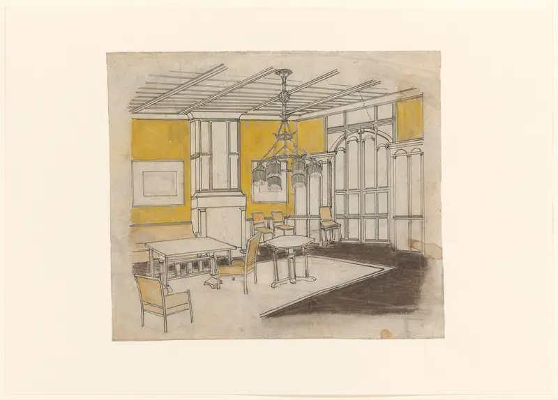 Ontwerp voor een interieur met twee tafels en vijf stoelen Wall Art by Carel Adolph Lion Cachet - High-Resolution Digital Print