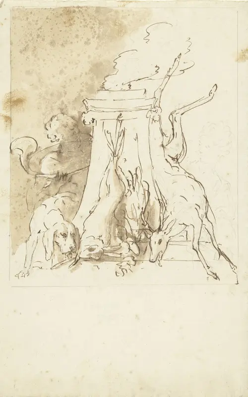 Ontwerp voor een jachtstuk met dood wild en jachthond Wall Art by Elias van Nijmegen - High-Resolution Digital Print