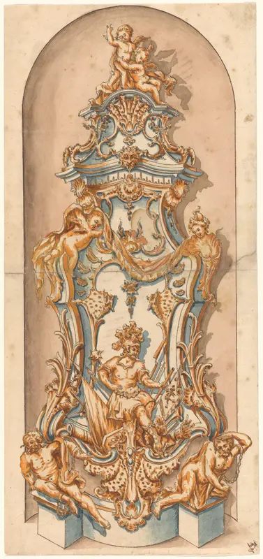 Ontwerp voor een kachel (Ofen) met Mars en twee overwonnen, geketende naakte mannen, in een nis Wall Art by anonymous - High-Resolution Digital Print