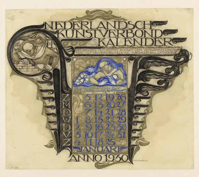 Ontwerp voor een kalenderblad voor januari 1930 van de Nederlandsch Kunstverbond Kalender Wall Art by Unknown - High-Resolution Digital Print