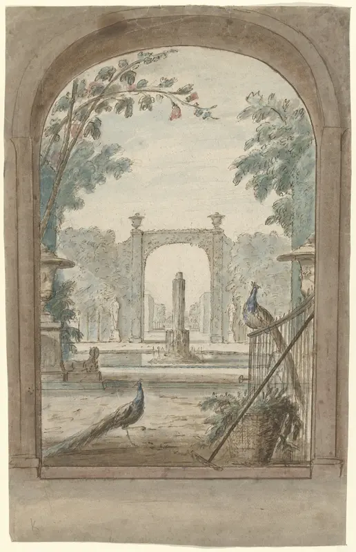 Ontwerp voor een kamerbeschildering met gezicht door een hek op een tuin, pauwen en tuingereedschap Wall Art by Unknown - High-Resolution Digital Print