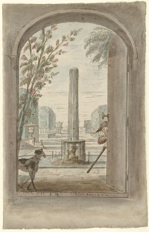 Ontwerp voor een kamerbeschildering met gezicht door een openstaande deur in een tuin met fontein Wall Art by Dionys van Nijmegen - High-Resolution Digital Print