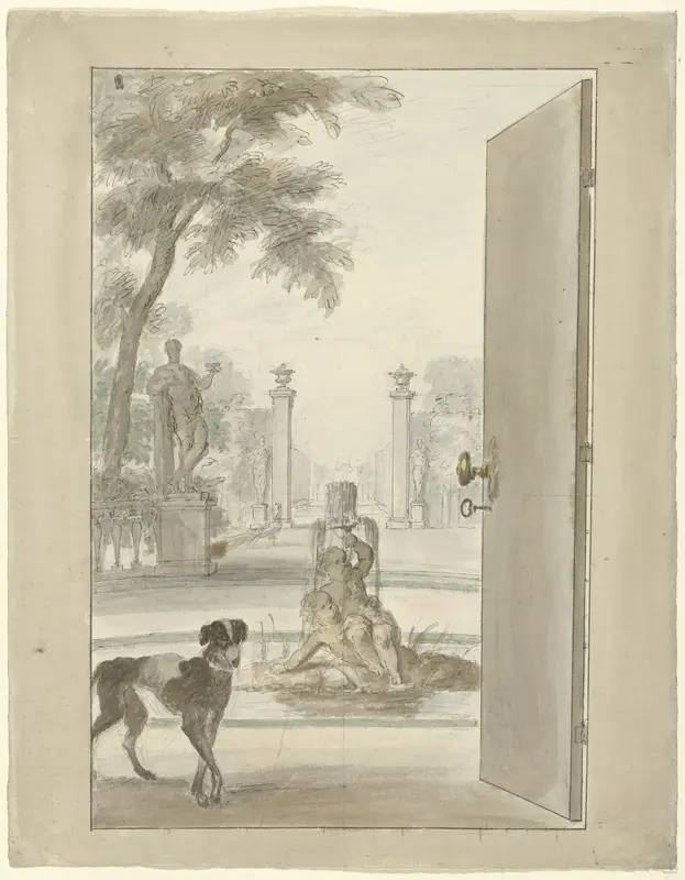 Ontwerp voor een kamerbeschildering met gezicht door een openstaande deur op een fontein in een tuin Wall Art by Dionys van Nijmegen - High-Resolution Digital Print