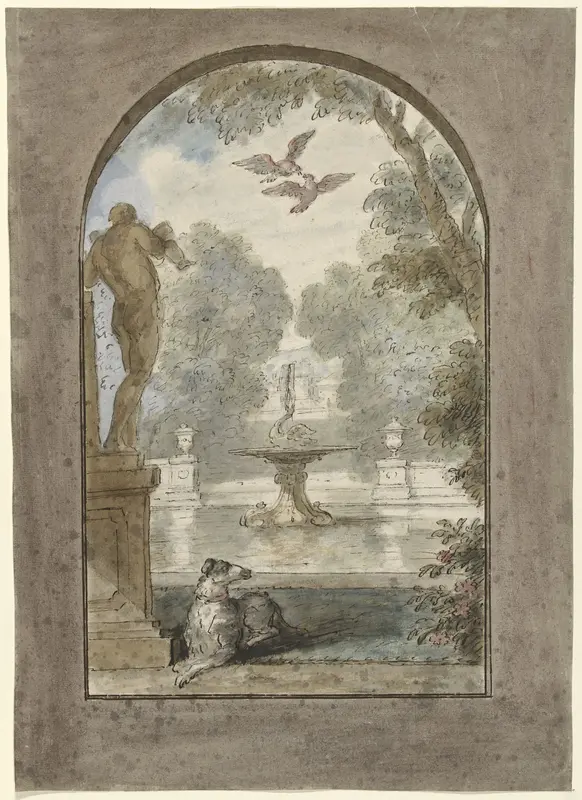 Ontwerp voor een kamerbeschildering met gezicht in een tuin met liggende hond, fontein en standbeeld Wall Art by Dionys van Nijmegen - High-Resolution Digital Print