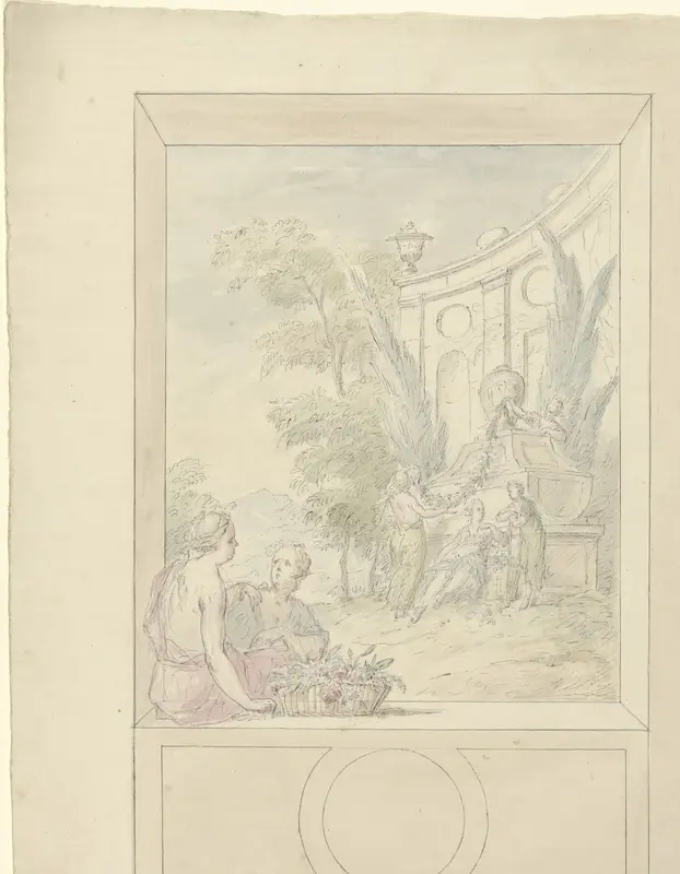 Ontwerp voor een kamerbeschildering met vrouwen zittend in een nis en staande bij een tombe Wall Art by Dionys van Nijmegen - High-Resolution Digital Print
