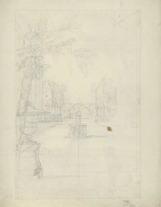 Ontwerp voor een kamerbeschildering: perspectiefschets van een tuin Wall Art by Dionys van Nijmegen - High-Resolution Digital Print