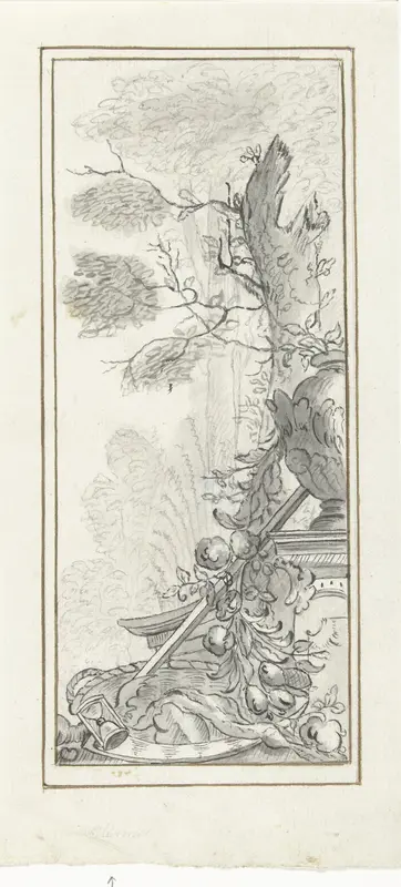 Ontwerp voor een kamerversiering: een paneel met attributen van Saturnus Wall Art by Abraham Meertens - High-Resolution Digital Print