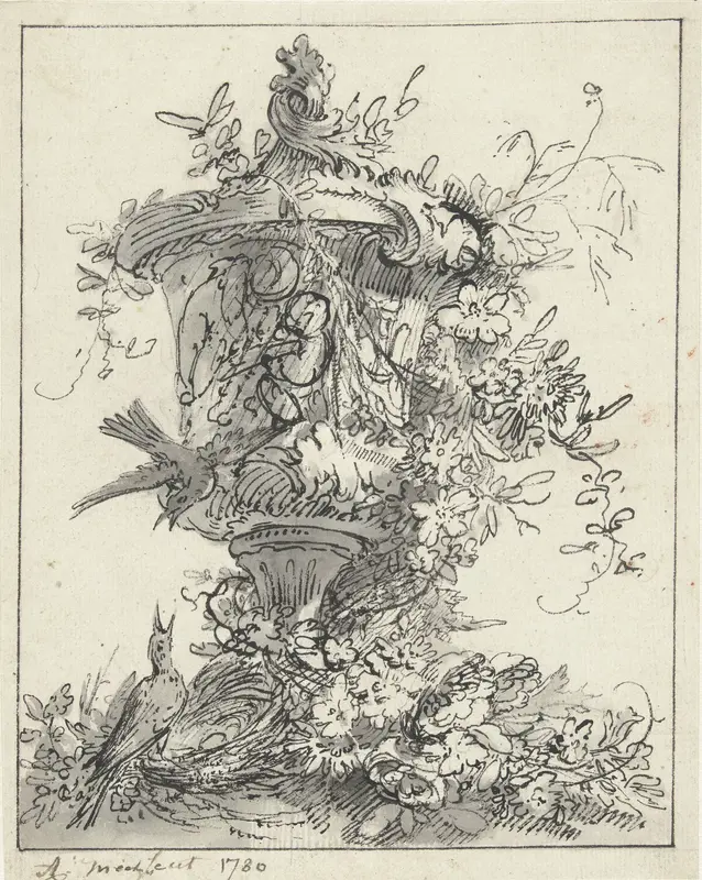 Ontwerp voor een kamerversiering met tuinvaas met planten en vogels Wall Art by Abraham Meertens - High-Resolution Digital Print