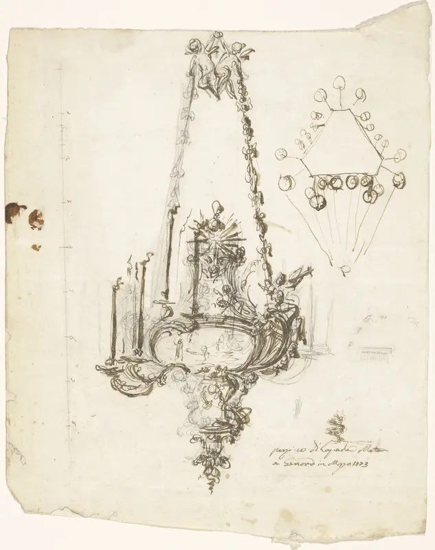 Ontwerp voor een kerklamp met rechtsboven een doorsnede van het bovenaanzicht Wall Art by Luigi Valadier - High-Resolution Digital Print