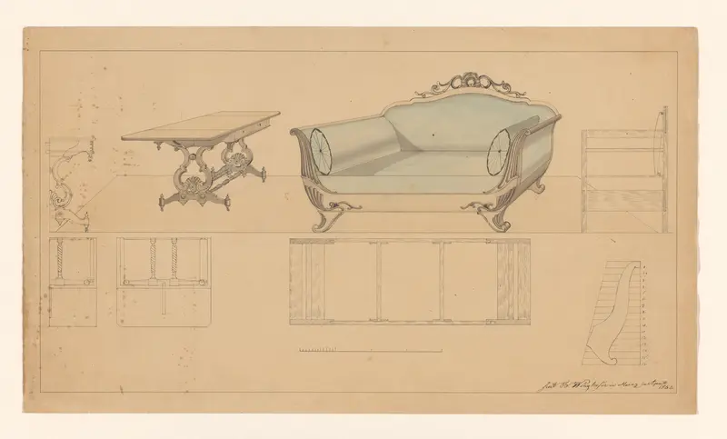 Ontwerp voor een klaptafel en een canapé, beide met zijaanzicht en plattegronden, en detail van een leuning van de canapé Wall Art by B. Winghofer - High-Resolution Digital Print