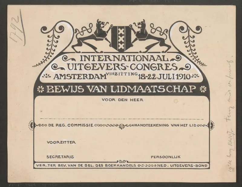 Ontwerp voor een lidmaatschapsbewijs voor het Internationaal Uitgevers-congres in 1910 Wall Art by Reinier Willem Petrus de Vries (1874-1953) - High-Resolution Digital Print
