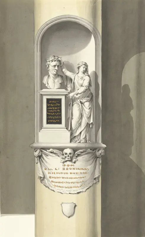 Ontwerp voor een monument voor C. Brunings: een borstbeeld in een nis met Fama Wall Art by Bartholomeus Ziesenis - High-Resolution Digital Print