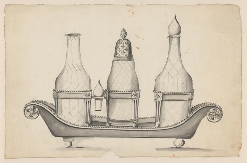 Ontwerp voor een olie- en azijnstel met strooibus van zilver en geslepen glas Wall Art by Unknown - High-Resolution Digital Print