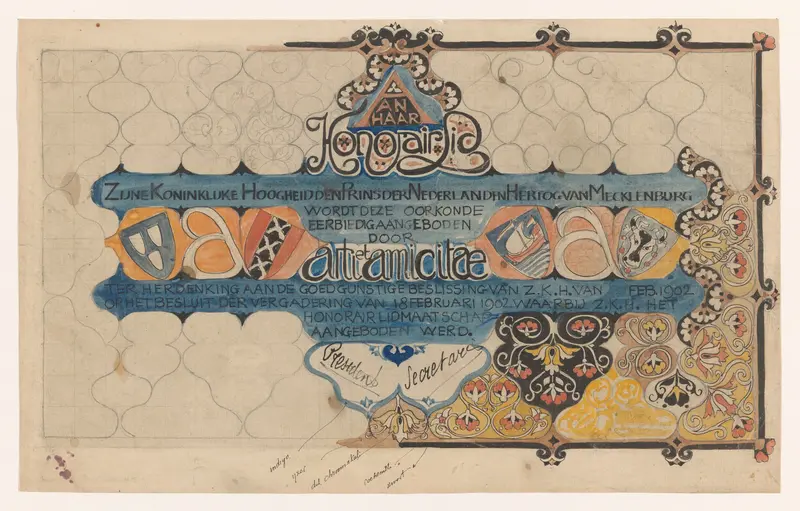 Ontwerp voor een oorkonde van Arti et Amicitiae voor prins Hendrik, bij zijn erelidmaatschap in 1902 Wall Art by Carel Adolph Lion Cachet - High-Resolution Digital Print