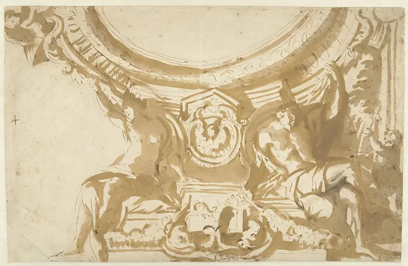 Ontwerp voor een plafond met twee dragende figuren Wall Art by Augustinus Terwesten (I) - High-Resolution Digital Print