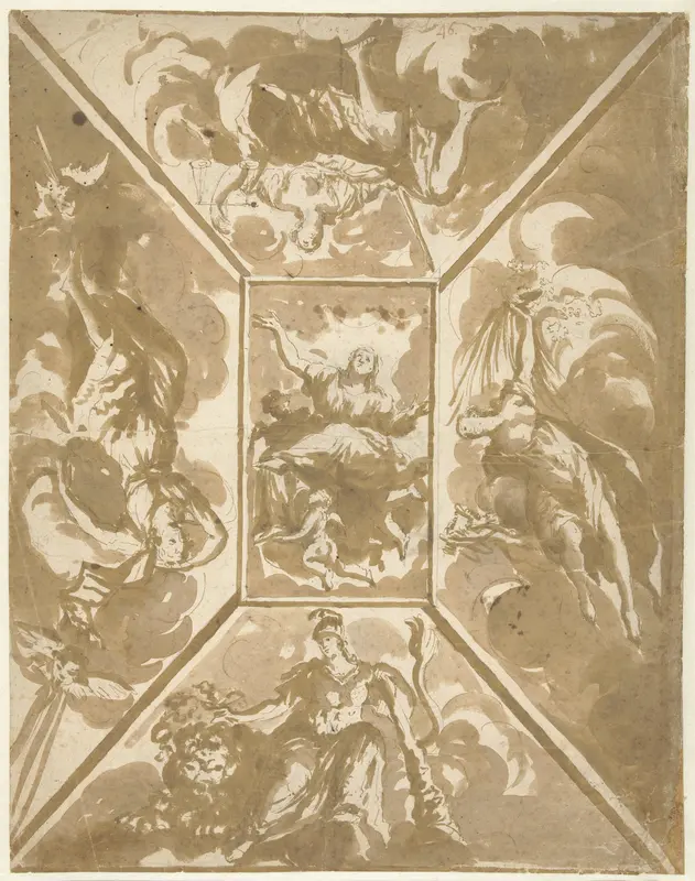 Ontwerp voor een plafond met vijf allegorische figuren Wall Art by Augustinus Terwesten (I) - High-Resolution Digital Print
