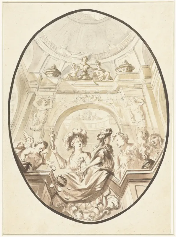 Ontwerp voor een plafondschildering met allegorische figuren op een balustrade Wall Art by anonymous - High-Resolution Digital Print