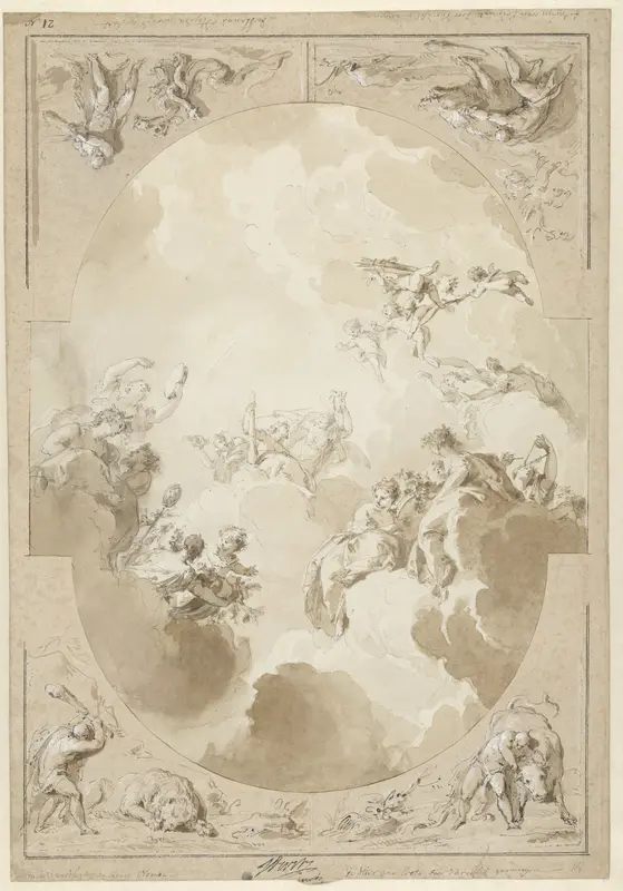 Ontwerp voor een plafondschildering met de apotheose van Hercules en vier van zijn werken Wall Art by Jacob de Wit - High-Resolution Digital Print