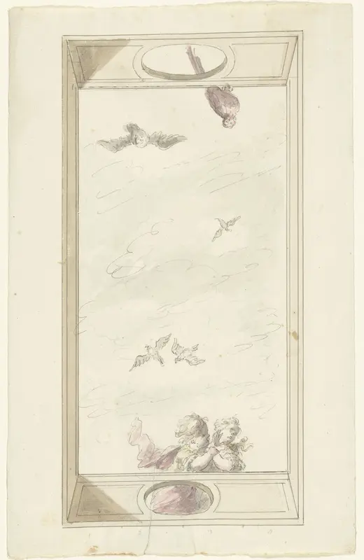Ontwerp voor een plafondschildering met een balustrade met putti en vogels Wall Art by Dionys van Nijmegen - High-Resolution Digital Print