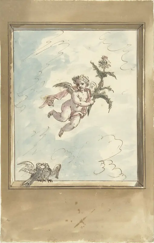 Ontwerp voor een plafondschildering met een putto en twee tortelduiven Wall Art by Elias van Nijmegen - High-Resolution Digital Print