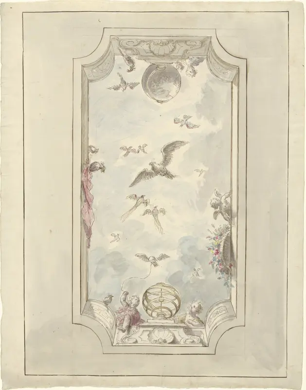 Ontwerp voor een plafondschildering met gezicht langs balustrade in de lucht met vogels Wall Art by Dionys van Nijmegen - High-Resolution Digital Print