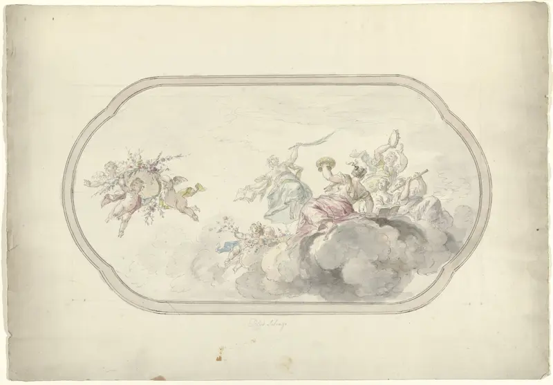 Ontwerp voor een plafondschildering met musicerende vrouwen en putti met bloemenmand als allegorie op Blijdschap Wall Art by Dionys van Nijmegen - High-Resolution Digital Print