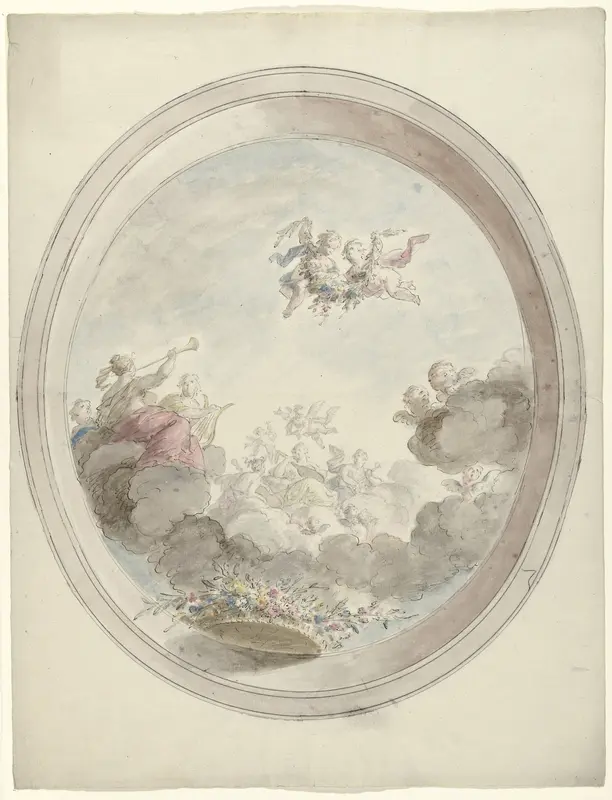 Ontwerp voor een plafondschildering met musicerende vrouwen op wolken Wall Art by Dionys van Nijmegen - High-Resolution Digital Print