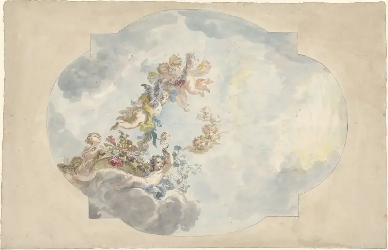 Ontwerp voor een plafondschildering met putti, bloemen en guirlandes Wall Art by Unknown - High-Resolution Digital Print