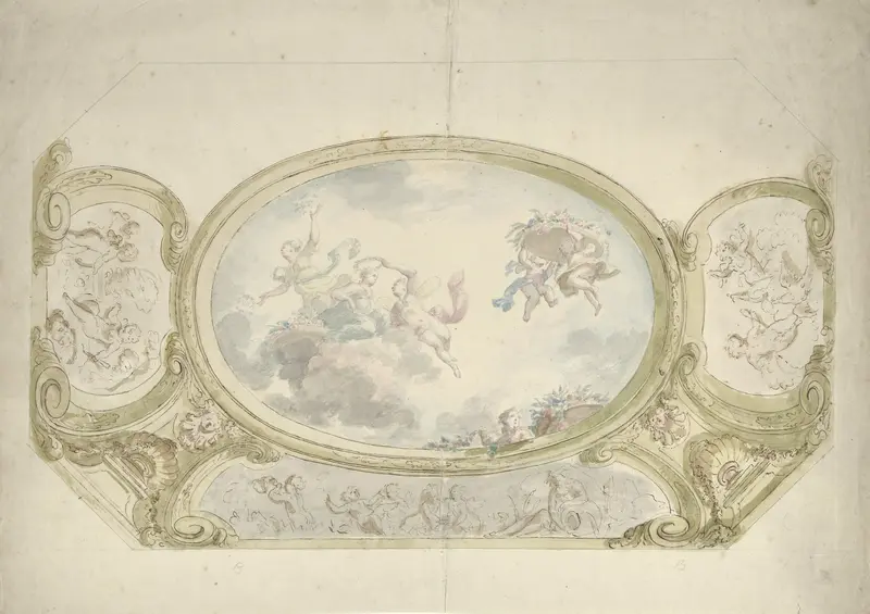 Ontwerp voor een plafondschildering: ovaal met allegorische voorstelling, omringd door scènes met putti Wall Art by Unknown - High-Resolution Digital Print