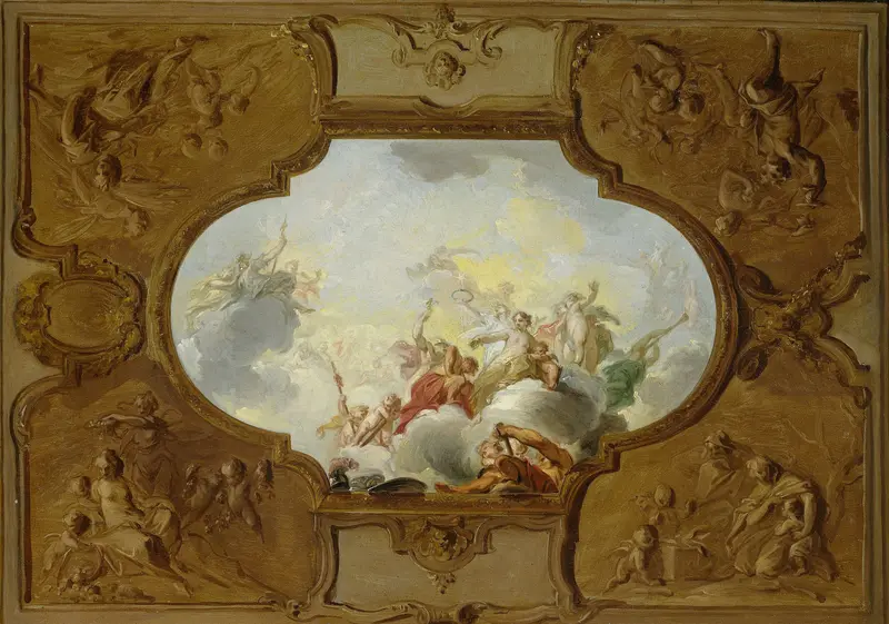Ontwerp voor een plafondstuk met de apotheose van Aeneas, in de hoeken de vier jaargetijden in brunaille Wall Art by Jacob de Wit - High-Resolution Digital Print