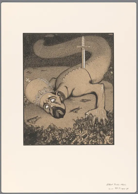 Ontwerp voor een politieke spotprent: slang met gekroond hoofd neergestoken door zwaard van Justitia Wall Art by Unknown - High-Resolution Digital Print