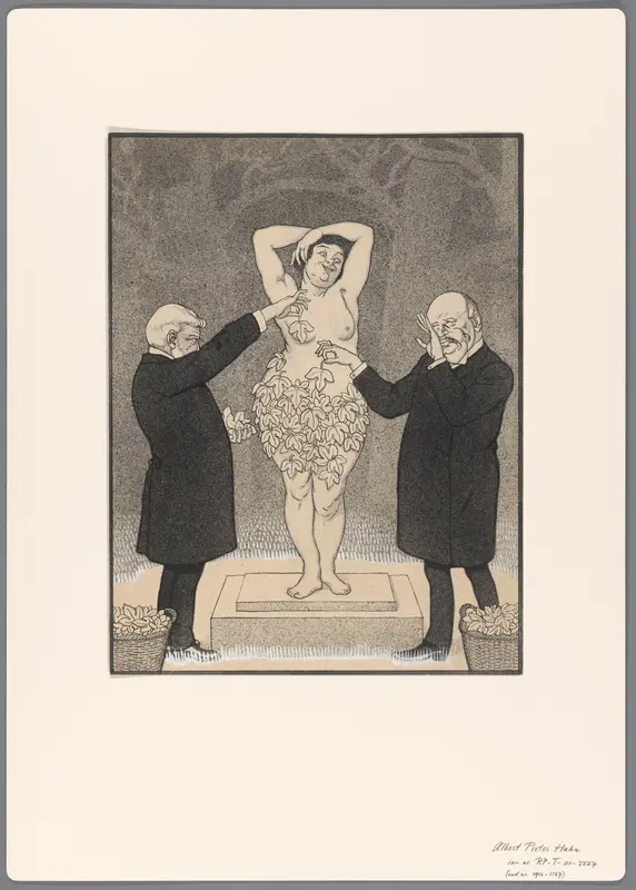 Ontwerp voor een politieke spotprent: twee heren bedekken een staande naakte vrouw met vijgebladeren Wall Art by Albert Hahn (I) - High-Resolution Digital Print