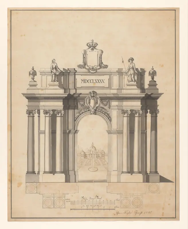 Ontwerp voor een poort voor een tuin met een paviljoen, met eronder een plattegrond Wall Art by Johann August Schmahl - High-Resolution Digital Print