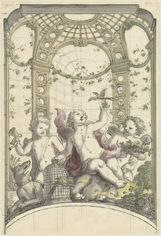 Ontwerp voor een prieel van groen latwerk, waarin drie putti met dieren spelen Wall Art by Daniël Marot (II) - High-Resolution Digital Print