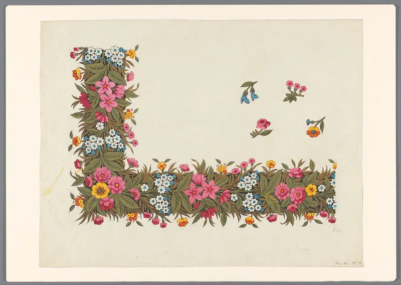 Ontwerp voor een rand van bladeren en bloemen van een gedrukte stof, met enkele losse bloemen in het veld Wall Art by anonymous - High-Resolution Digital Print