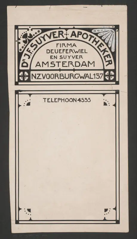Ontwerp voor een rekeningblaadje van Dr. J.F. Suyver, apotheker te Amsterdam Wall Art by Reinier Willem Petrus de Vries (1874-1953) - High-Resolution Digital Print