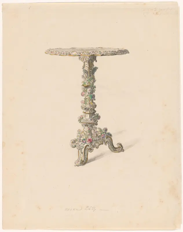 Ontwerp voor een ronde porseleinen tafel op een voet met bloemen en een vogel Wall Art by anonymous - High-Resolution Digital Print