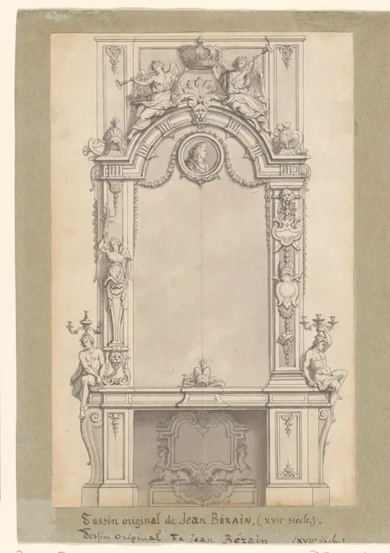 Ontwerp voor een schoorsteen met een spiegel en twee zittende figuren met kandelabers Wall Art by Jean Berain (le Vieux) - High-Resolution Digital Print