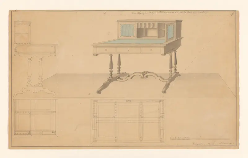 Ontwerp voor een schrijftafel met opstand, met zijaanzicht en plattegronden onder beide aanzichten Wall Art by B. Winghofer - High-Resolution Digital Print