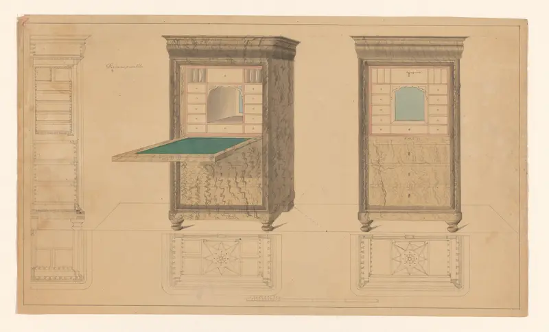 Ontwerp voor een secretaire, zij-, driekwart en frontaal aanzicht, met daaronder plattegronden Wall Art by B. Winghofer - High-Resolution Digital Print