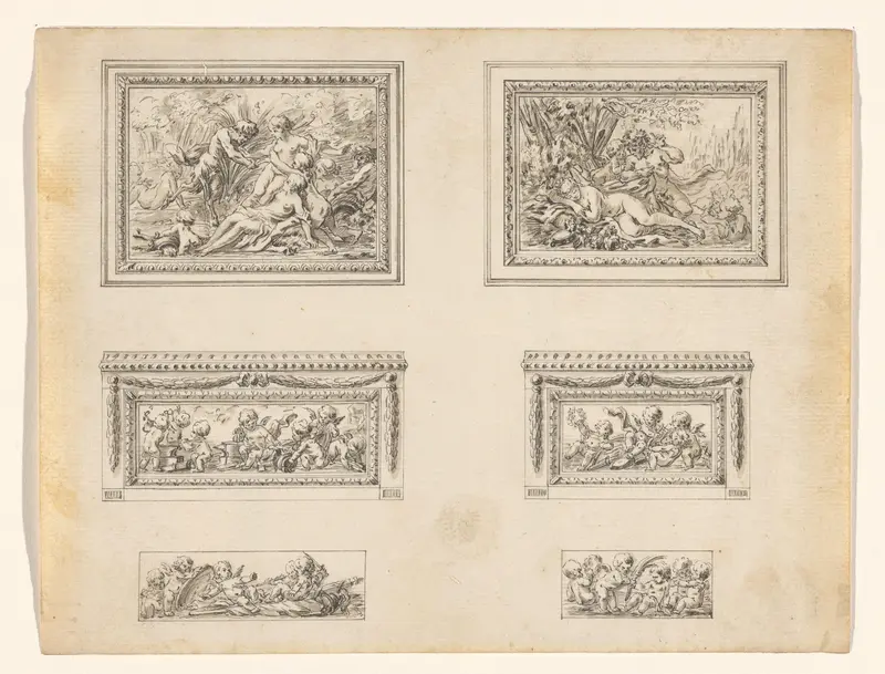 Ontwerp voor een snuifdoos, met de figuratieve scènes voor boven- en onderzijde en alle vier de zijkanten Wall Art by anonymous - High-Resolution Digital Print