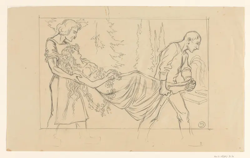 Ontwerp voor een spotprent met twee mannen die een vrouw naar een graf dragen Wall Art by Henricus - High-Resolution Digital Print