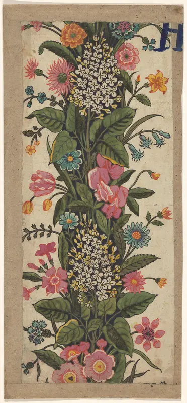 Ontwerp voor een staande rand van bladeren, seringen en andere bloemen, voor een gedrukte stof (toile de Jouy) Wall Art by anonymous - High-Resolution Digital Print
