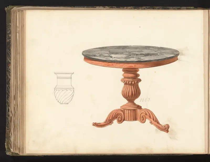 Ontwerp voor een tafel en tekening van een vaasvormige verbinding Wall Art by anonymous - High-Resolution Digital Print